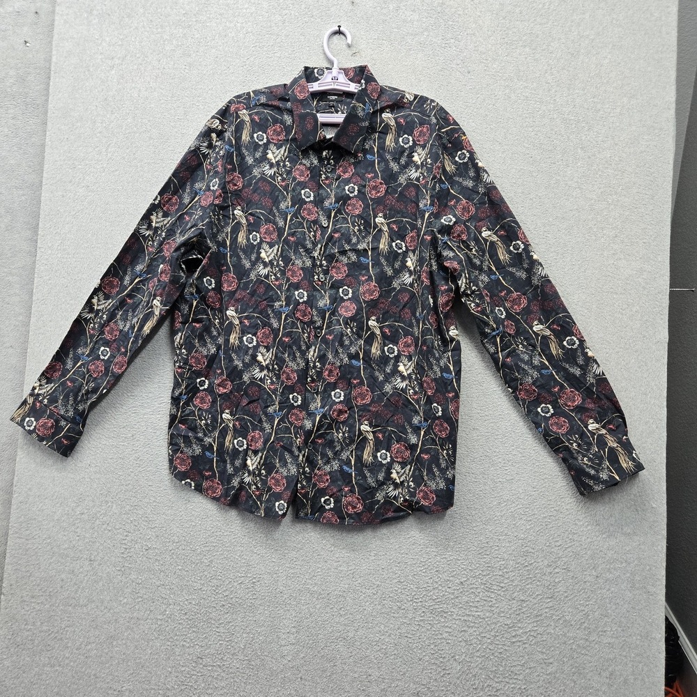 Express Men Button Up Shirt 2XL Black Floral Bird Print Slim 1MX Dress Botanical